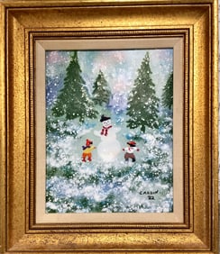 Enamel Picture of Snow Scene "L'Hiver" 1982 Picture measures 7.5" x 9.5"; frame measures 12.25" x