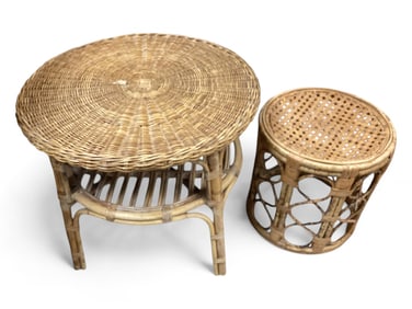 Round Rattan Garden Side Table & Stool Table 20" H x 23 1/2" Dia. Stool 15 1/2 " H x 15" Dia.