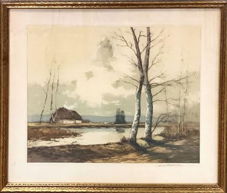 Watercolor Painting of Cottage by the Water Measures 25" x 21".