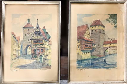 Pair of Pictures from 1959 Image measures 10.5" x 14"; frame measures 15.25" x 21".