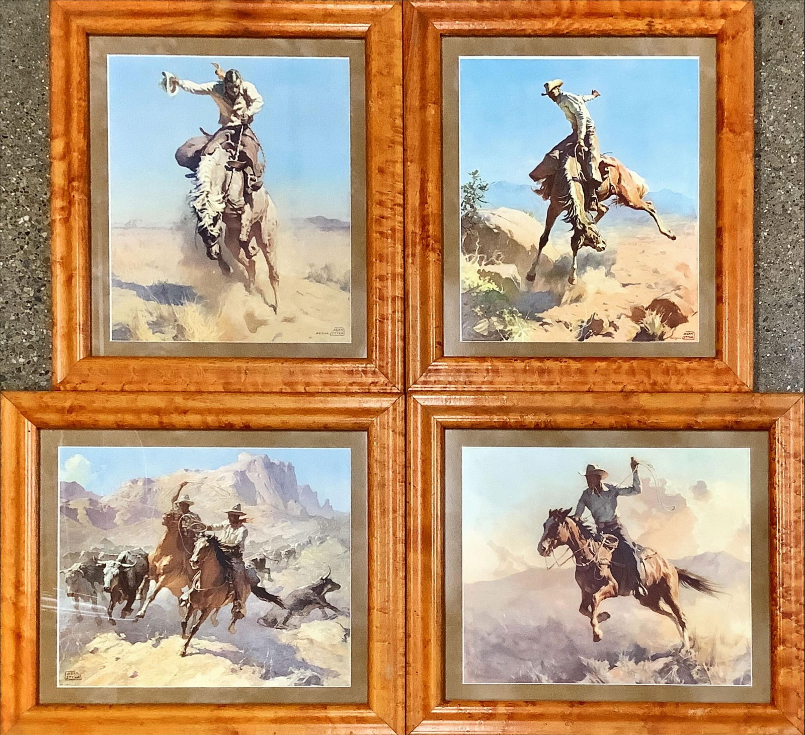 Four Framed Pictures of Cowboys Each pictures measures 14.5" x 16.5". (1 of 2)