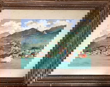 Original Watercolor of a Hillside Harbor Painting measures 15" x 11"; frame measures 23.5" x 19.5".