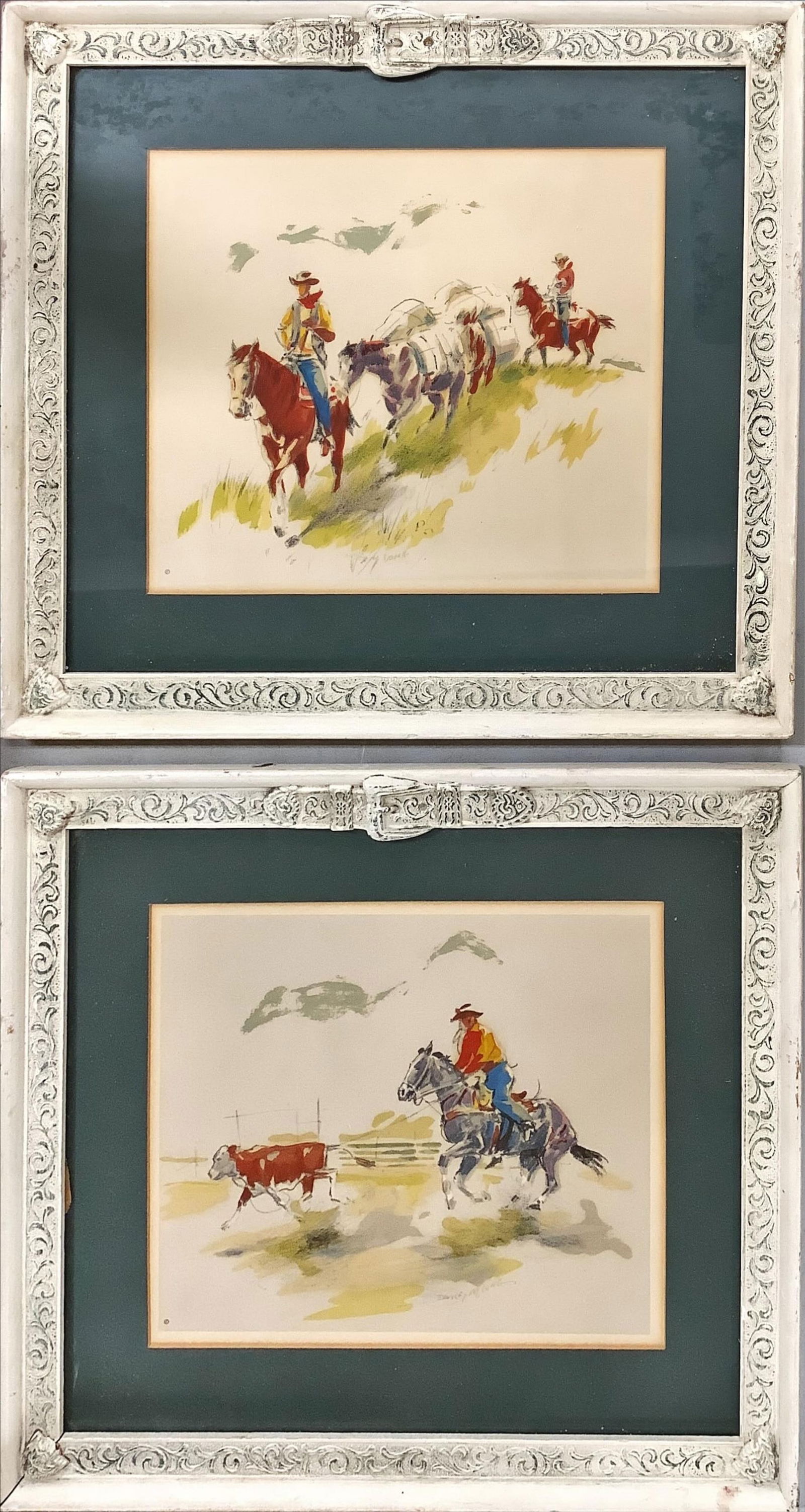 Pair of Watercolor Paintings of Cowboys Each picture measures 16" x 14". (1 of 3)