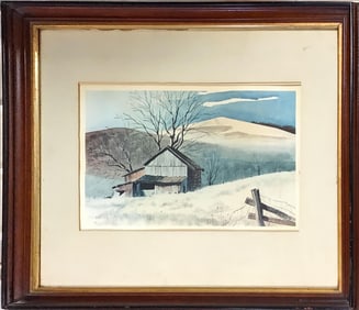 Leland McClelland Watercolor of Barn in Winter