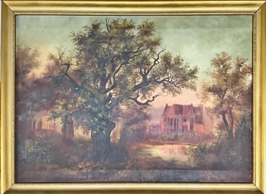 Original Painting of Church in the Forest Measures 30.5" x 21.5".