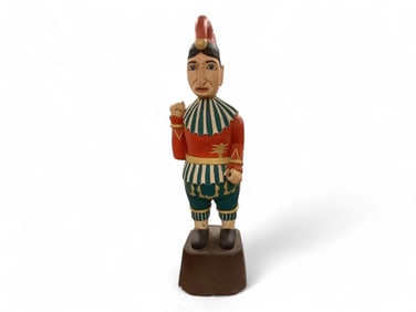 Carved Wooden Statue of a Court Jester Approximately 41" tall. Base is approximately 10.5" wide.