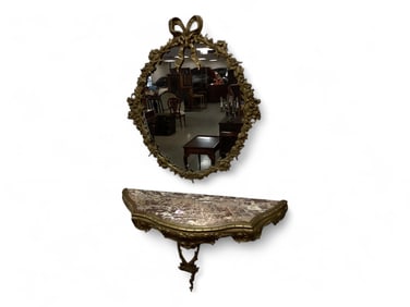 Gold Metal Framed Wall Mirror & Marble Topped Wall Shelf Mirror 24" H x 20" W shelf 15 1/2" H25 1/2"