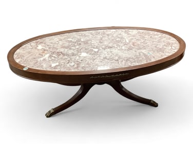 Oval Mahogany Parlor Table with Marble Top & Brass Claw Feet 18" H x 48" Lx 25 1/2" W