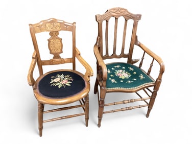 2 Needlepoint Arm Chairs with Carved Accents