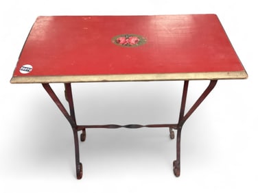 Red Painted Wood Topped Little Table with Wrought Iron Base 23" H x 20" W x 10" D