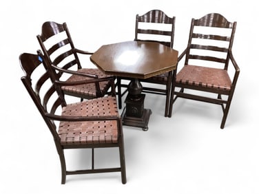 Octagonal Pedestal Table & 4 Ladder Back Chairs with Leather Woven Seats 30" H x 29 1/2" in Dia.