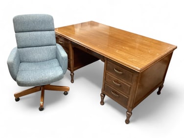 Mahogany Desk with Blue Upholstered Office Chair Desk 30 1/2" H x 59 1/2" W x 33 1/2" D