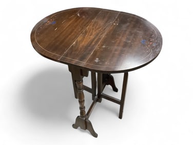 Small Oval Gate Leg Drop Leaf Table with Red Gold & Blue Decoration 30" H x 30" W x 24"