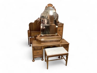1930s Chest of Drawers, Vanity with Bench & Mirror, Bed and Dresser Top Mirror with Birds Eye Maple