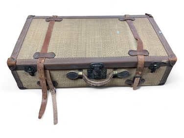 Woven Oil Cloth Trimmed Suit Case 24" W x 13" D x 6 1/2" H