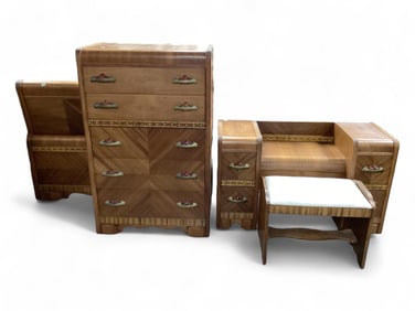 Waterfall Chest of Drawers - Bed & Mirrored Vanity with Bench Dresser 49 1/2" H x 31" W x 17" D
