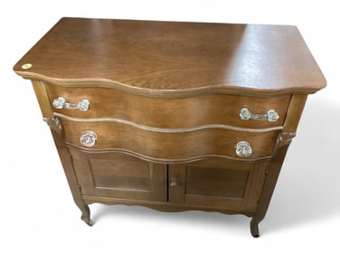 Oak Veneer Serpentine Wash Stand with Glass Drawer Pulls 34" H x 34" W x 18" D