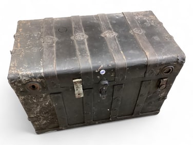 Black Trunk with Wood Banding 23" H x 34" W x 20" D