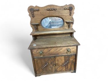 Oak Doll Dresser with Shelf, Mirror & Candle Stands 24" H x 16" W x 8" D