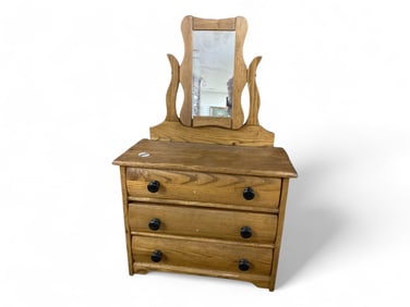 Oak Doll Dresser with Lyre Framed Mirror 25" H x 16" W x 7" D