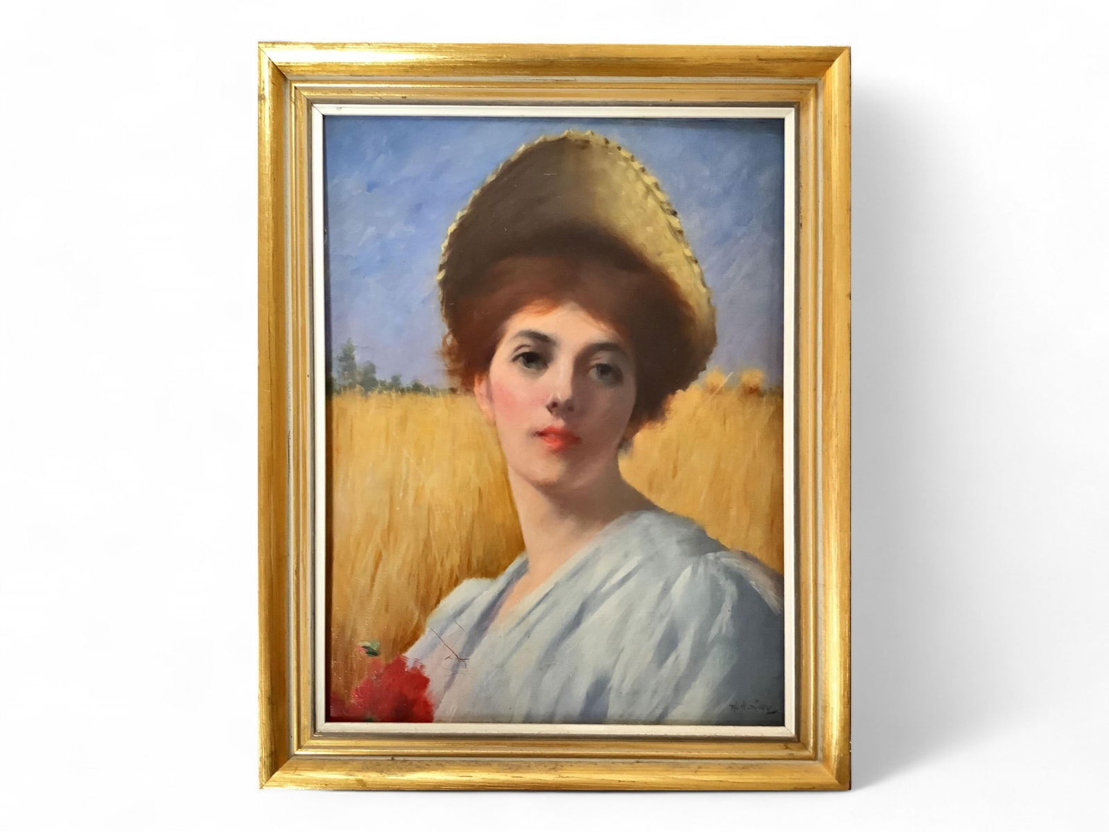 Original Oil Painting of Woman in Hat Painting measures 11.5" x 15"; frame measures 14.25" x 17.75". (1 of 4)