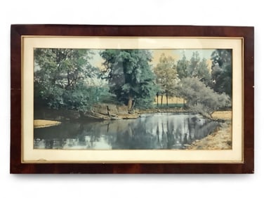 Wallace Nutting River Scene Image measures 39" x 19"; frame measures 48" x 28".