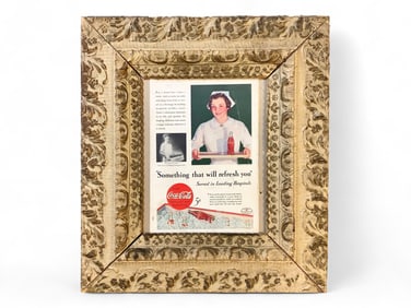 Framed Coca Cola Advertisement Image measures 6.25" x 9.5"; frame measures 15.25" x 17.25".