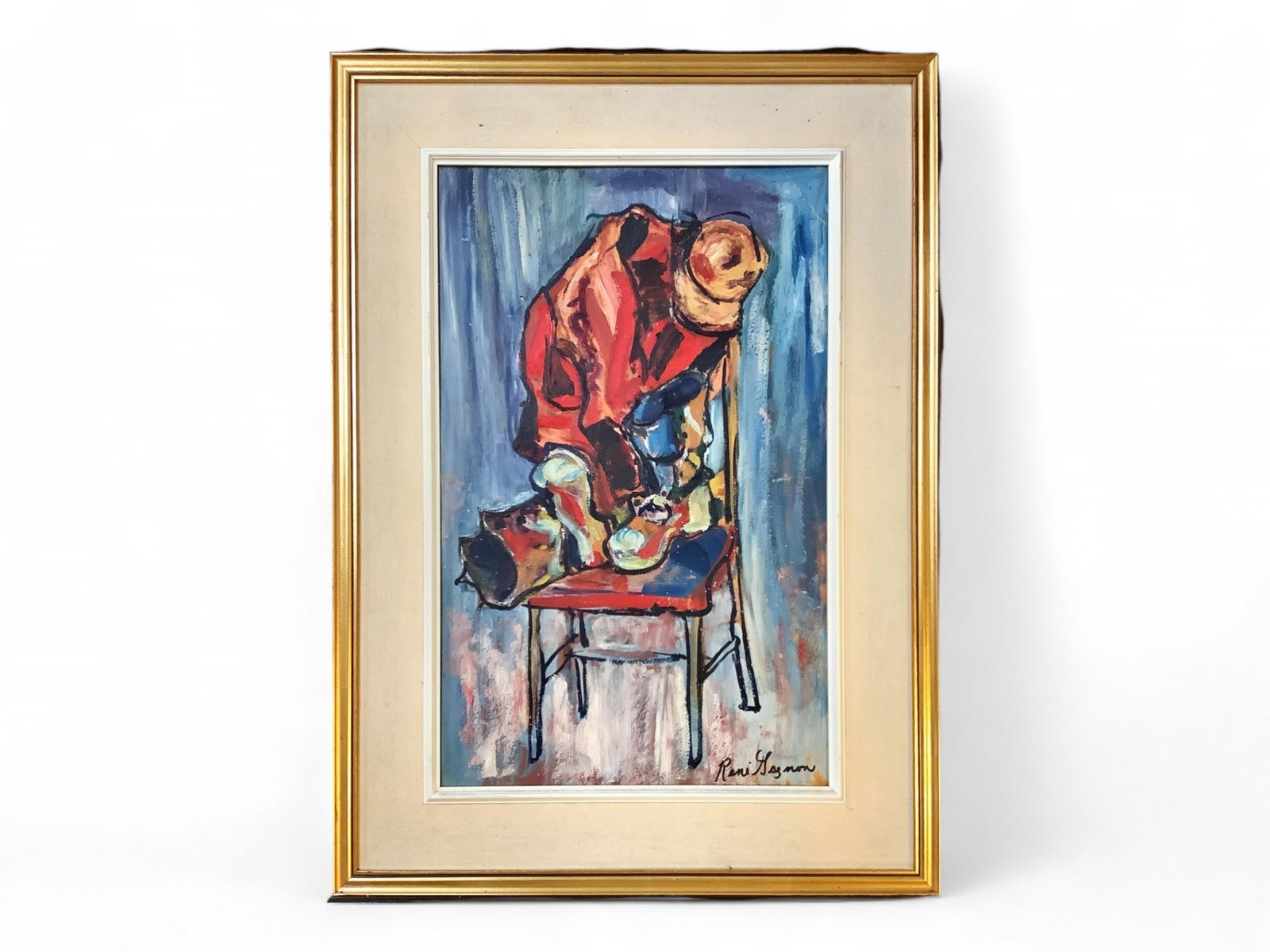 Original Signed Painting of Clothes on Chair Painting measures 13" x 20.5"; frame measures 21" x: Original Signed Painting of Clothes on Chair Painting on board has a fabric mat and is framed. Painting measures 13" x 20.5"; frame measures 21" x 28".