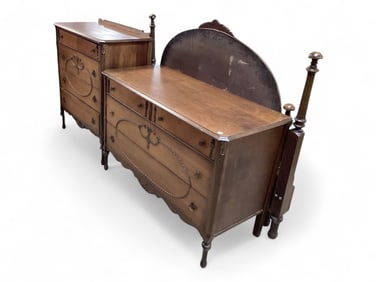 1930s Mahogany Dresser - Chest of Drawers and Bed with Applied Carving Chest of Drawers: 42" H x 36"