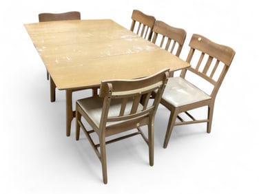 Mid Century Modern Drop Leaf Table & 5 Chairs 30" H x 60" L end leaves up x 40" D