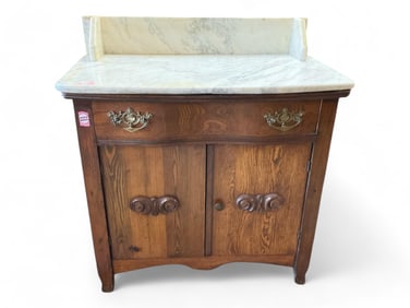 Marble Topped Oak Wash Stand 35 x 17 1/2 x 32 in. (88.9 x 44.5 x 81.3 cm.)