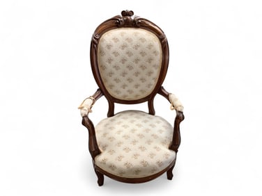 Short Upholstered Parlor Chair with Carved Wood 42" H in back - seat is 14" H