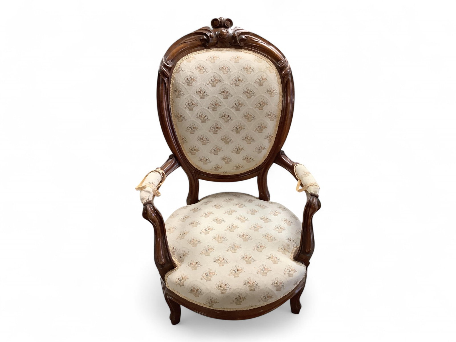 Short Upholstered Parlor Chair with Carved Wood 42" H in back - seat is 14" H: Short Upholstered Parlor Chair with Carved Wood 42" H in back - seat is 14" H