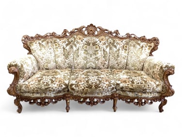 Fancy Victorian Couch and Matching Chair with Carved Wood and Raised Velvet Floral Upholstery