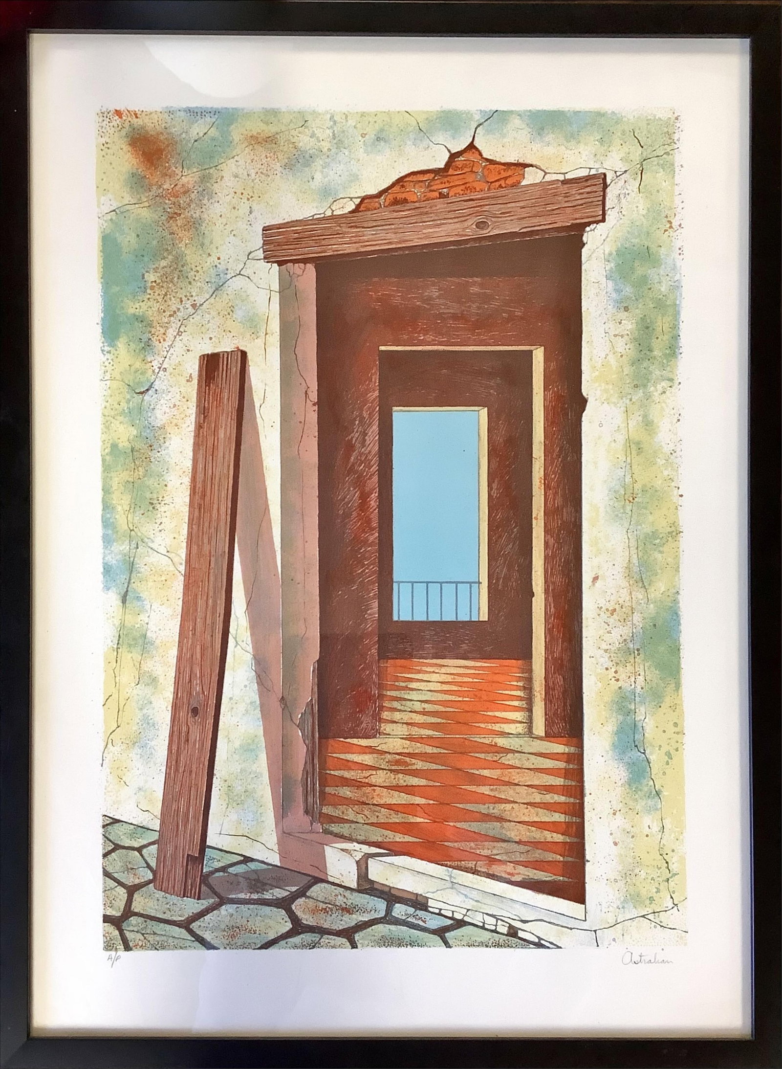 Picture of Doorways: Picture of Doorways Framed with a glass or plexiglass cover, this print measures 15" x 21.25"; the frame measures 21.75" x 27.25".