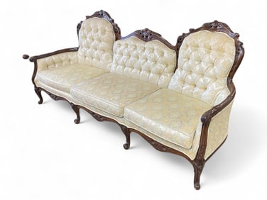 Three Piece Upholstered Brocade, Carved Wood Living Room Suite