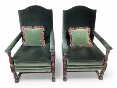 Pair of Green Velvet with Carved Wood Arm Chair