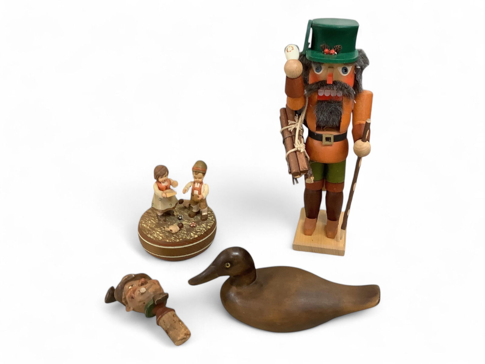 West German Nutcracker, Wooden Duck Decoy, Swiss Music Box & Figural Cork (1 of 5)