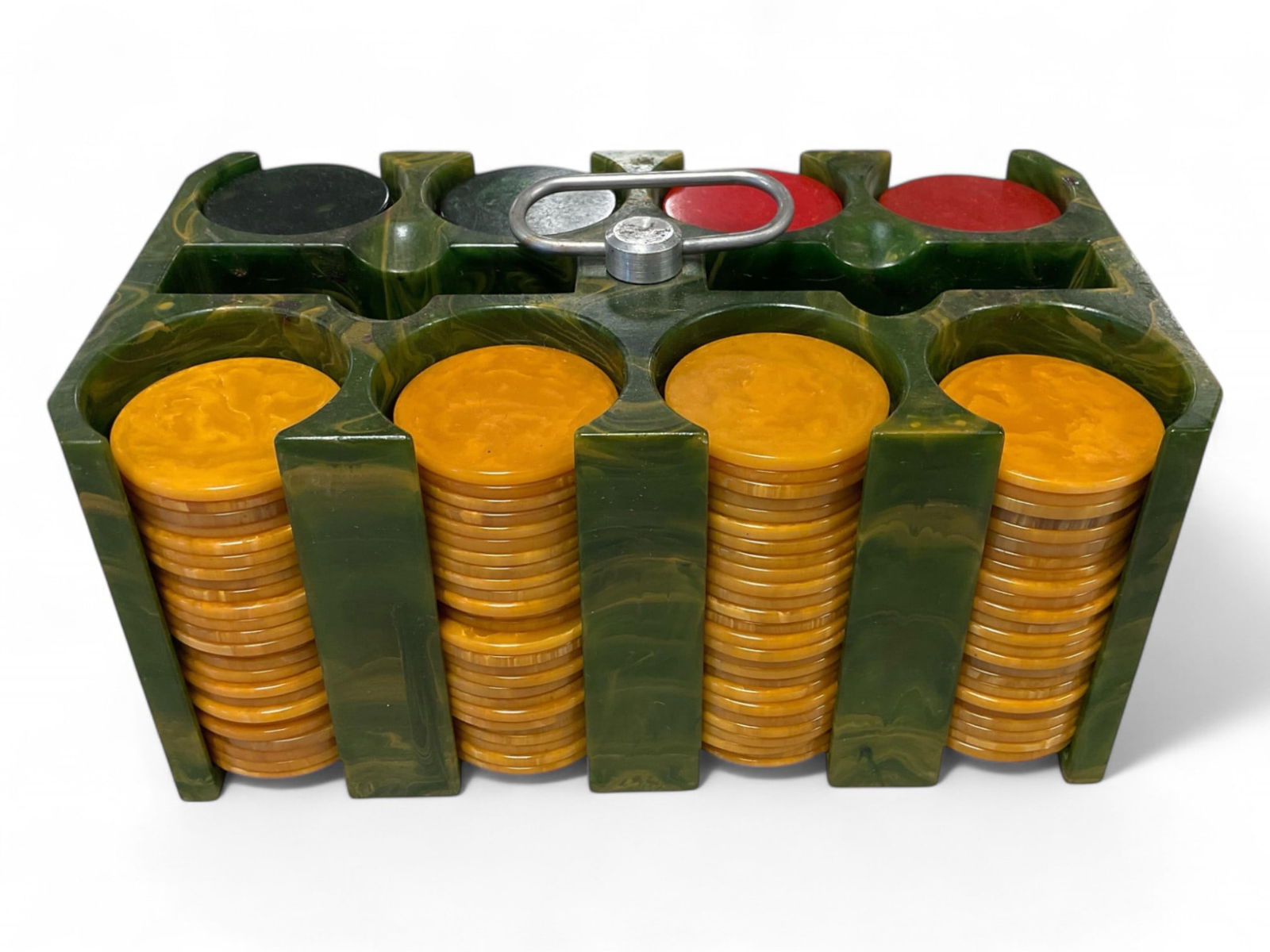 MCM Rare Bakelite Poker Set Missing Approximately (4) chips. Color Green Caddy with Metal Handle. (1 of 1)