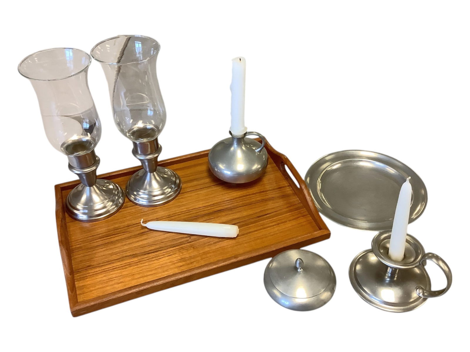 Wooden Tray and Pewter Table Accessories: Wooden Tray and Pewter Table AccessoriesTray is approx 15.75" x 11". 4 candle holders, tray approx 8.75" diameter and covered bowl