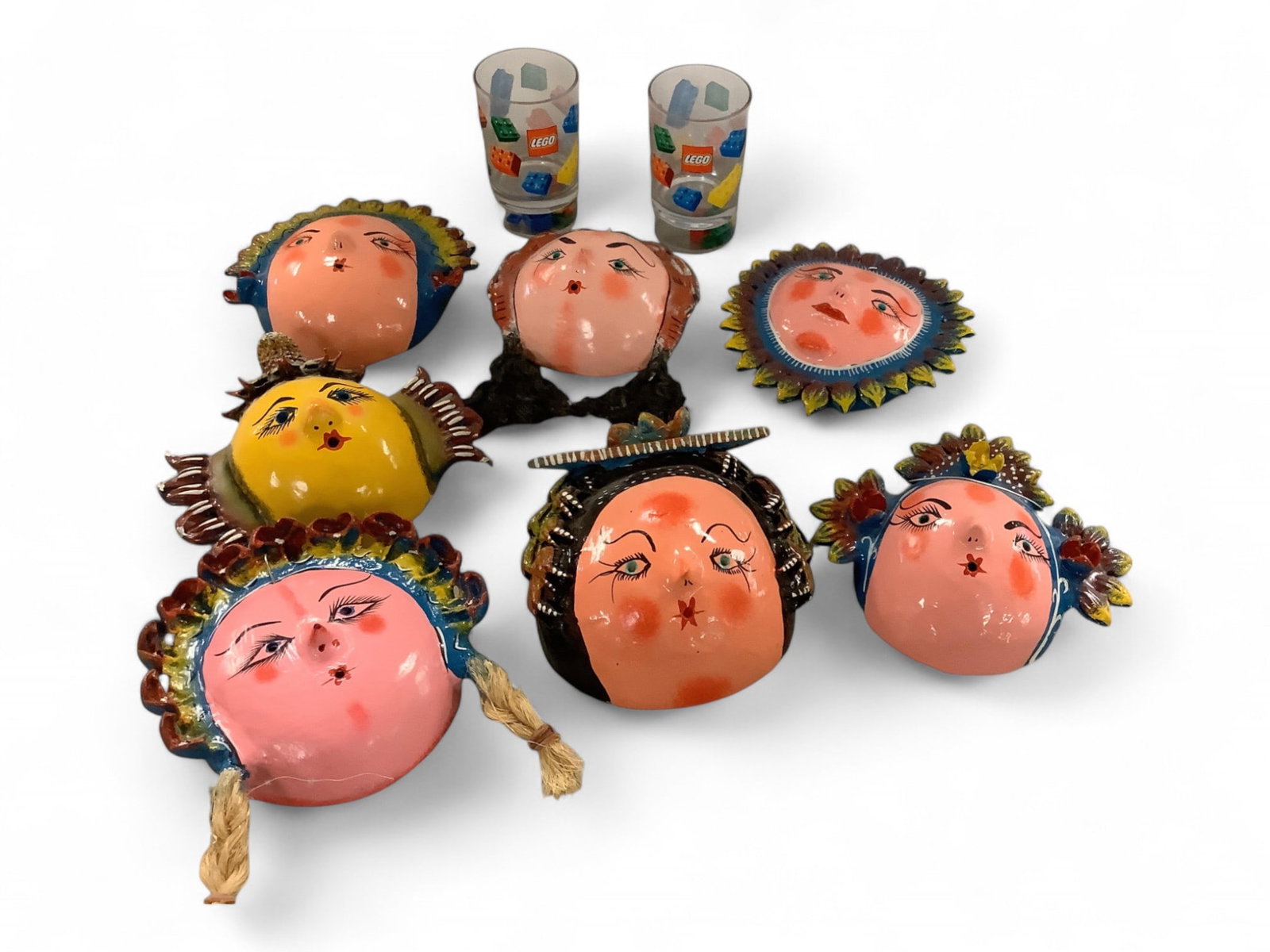 Vintage Masks and more: Vintage Masks and more Coconut folk art masks,, sizes ranging from 6-8". (2) plastic Lego glasses, 4.5" tall.