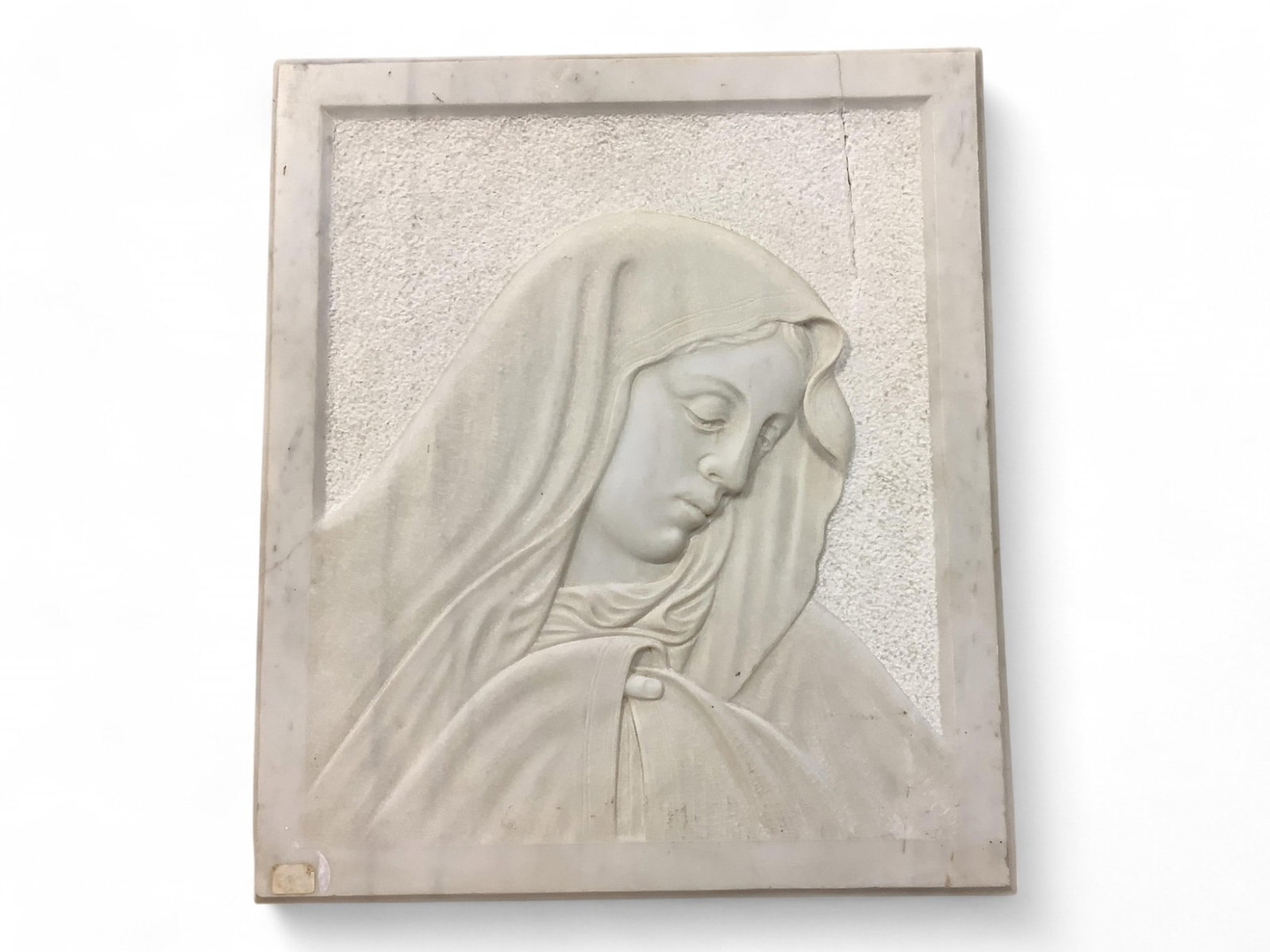 Carved Madonna in Marble 15 3/4 x 13 1/2 in. (40 x 34.3 cm.): Carved Madonna in Marble Origin unknown. 15 3/4 x 13 1/2 in. (40 x 34.3 cm.)