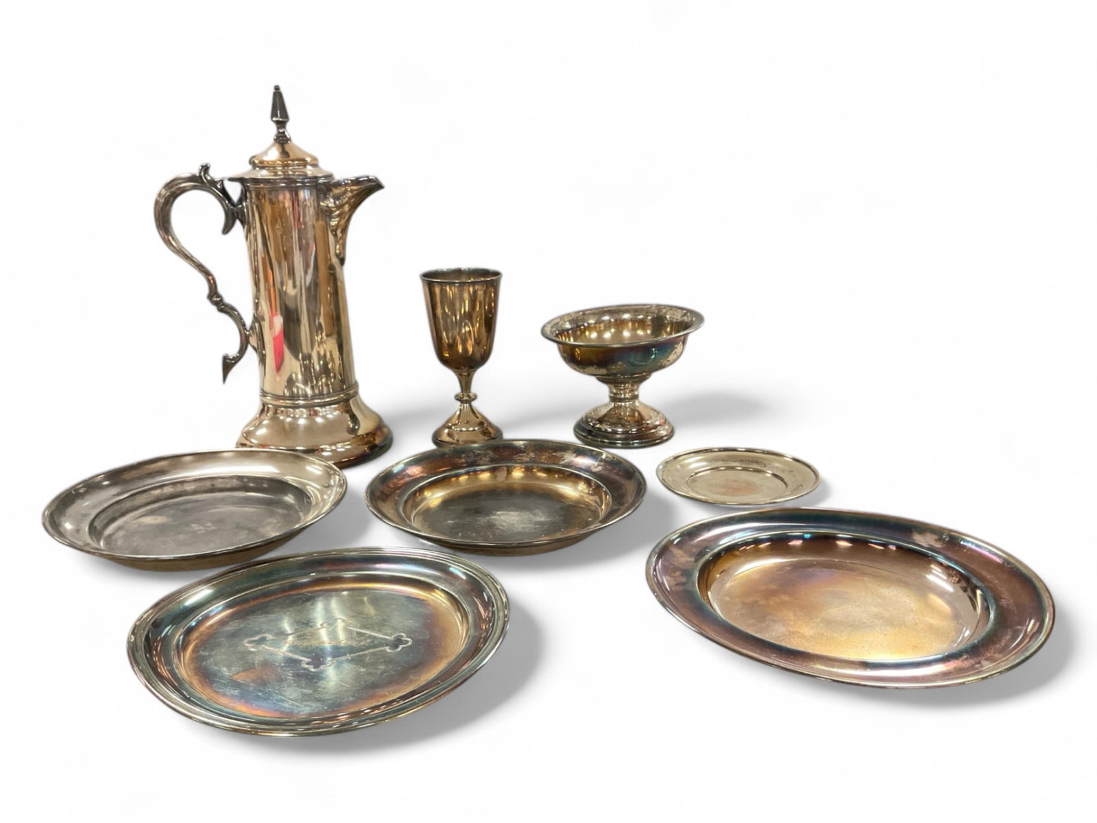 Metal Plates, Cups and a Pitcher: Metal Plates, Cups and a Pitcher Pitcher measures 15.5" tall, cups measure 7" and 5" tall, and the plates range from 6" to 10.5" (three have monograms- see photos).