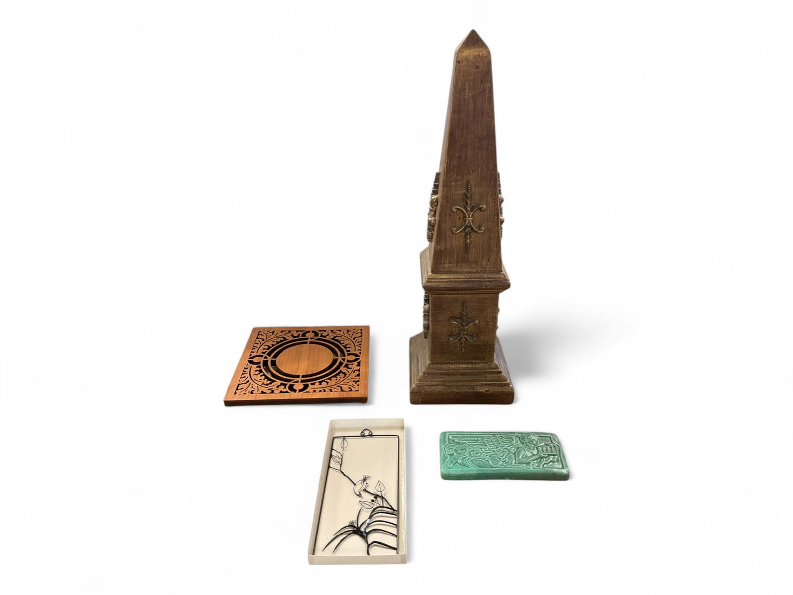 Decorative Items: Decorative ItemsObelisk measures 18.5" tall, wooden trivet measures 7.75" square, the tile measures 6" x 3" x .5", and the wire picture measures 3.5" x 7.75".