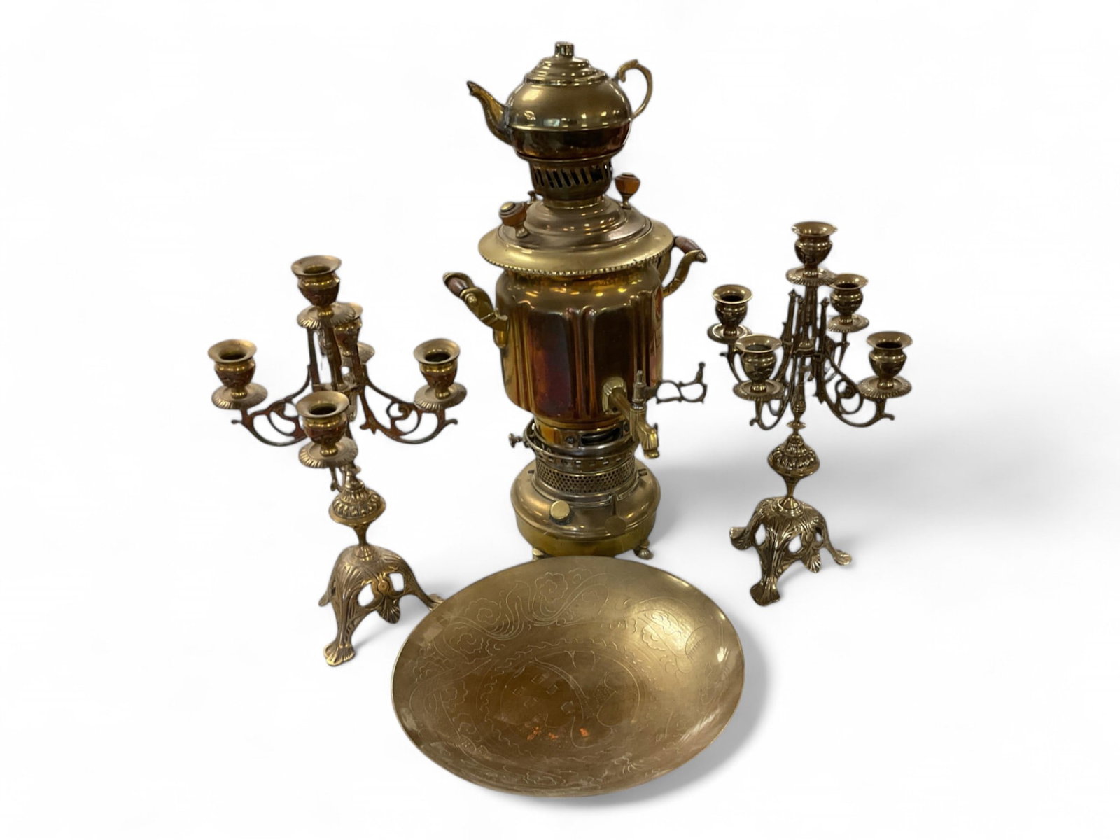Metal Samovar and Candelabra: Metal Samovar and Candelabra Candelabra has (2) removable swinging arms 14.5" tall Samovar stands 21" tall