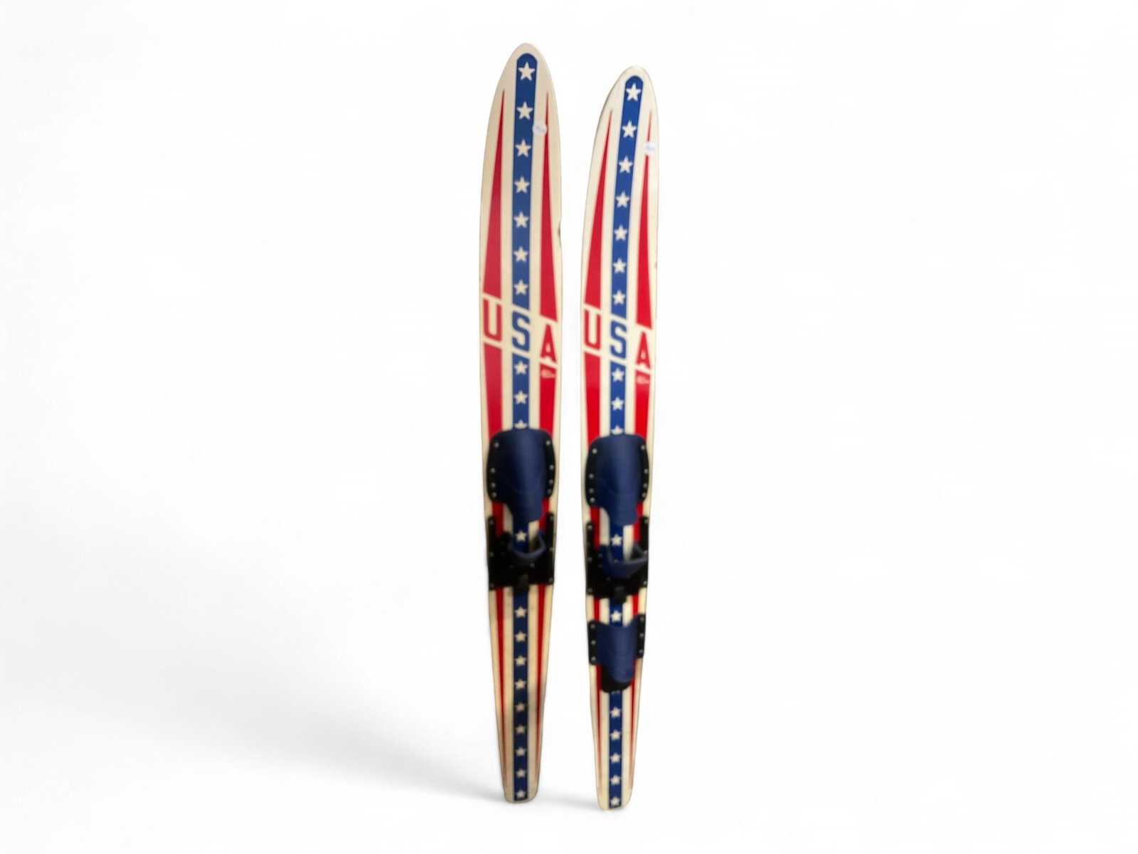 Vintage Lake Region USA Water Skis: Vintage Lake Region USA Water Skis Pair wooden planks with curved tips, decorated with American stars and stripes made in the USA. 67" L.