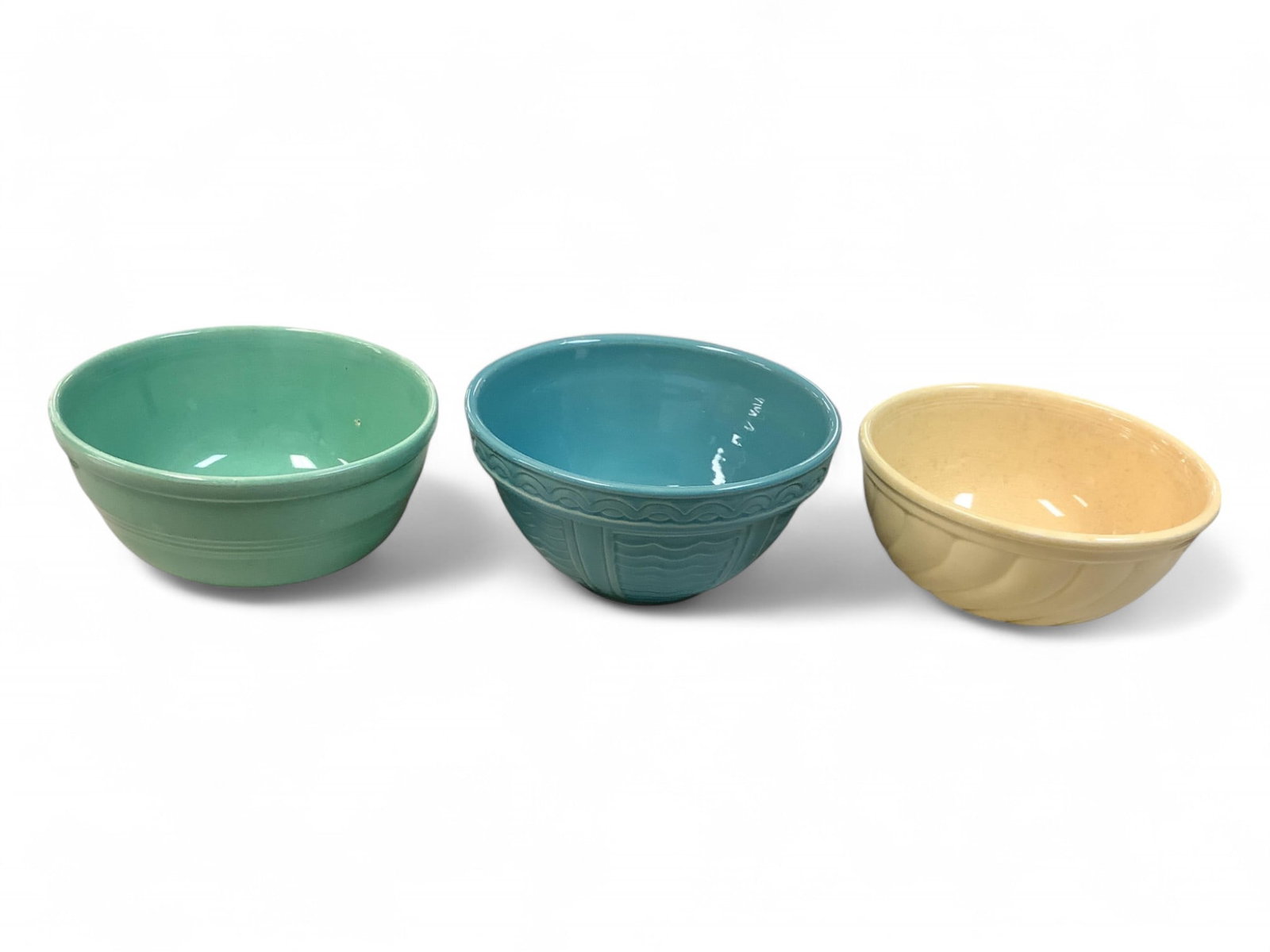 Three Mixing Bowls: Three Mixing Bowls Green, teal and yellow bowls, 9" to 9.5" diameters.