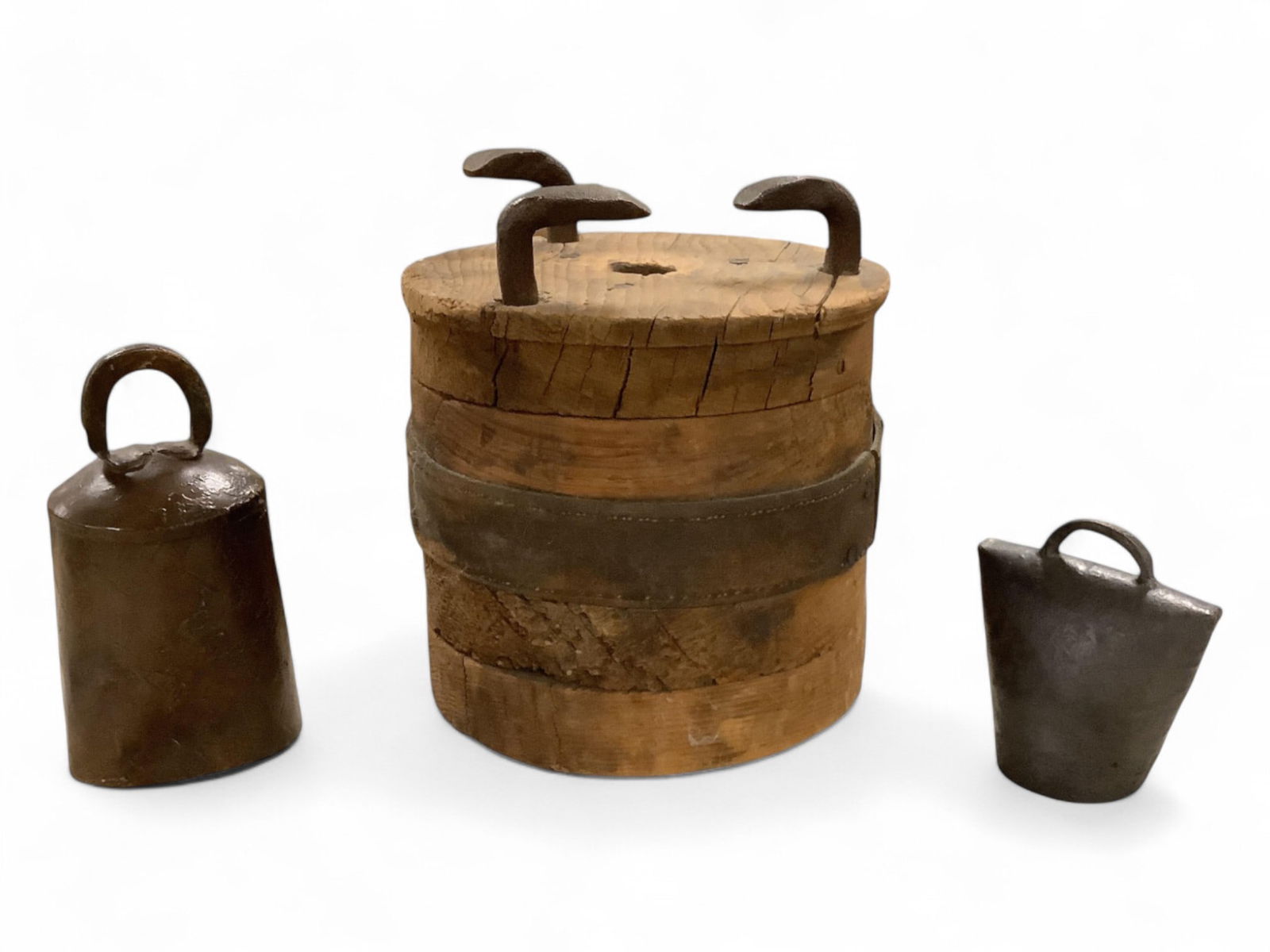 (2) Metal Cow Style Bells & Primitive Mystery Solid Layered Wood Barrel With 3 Winding Spikes & (1 of 3)