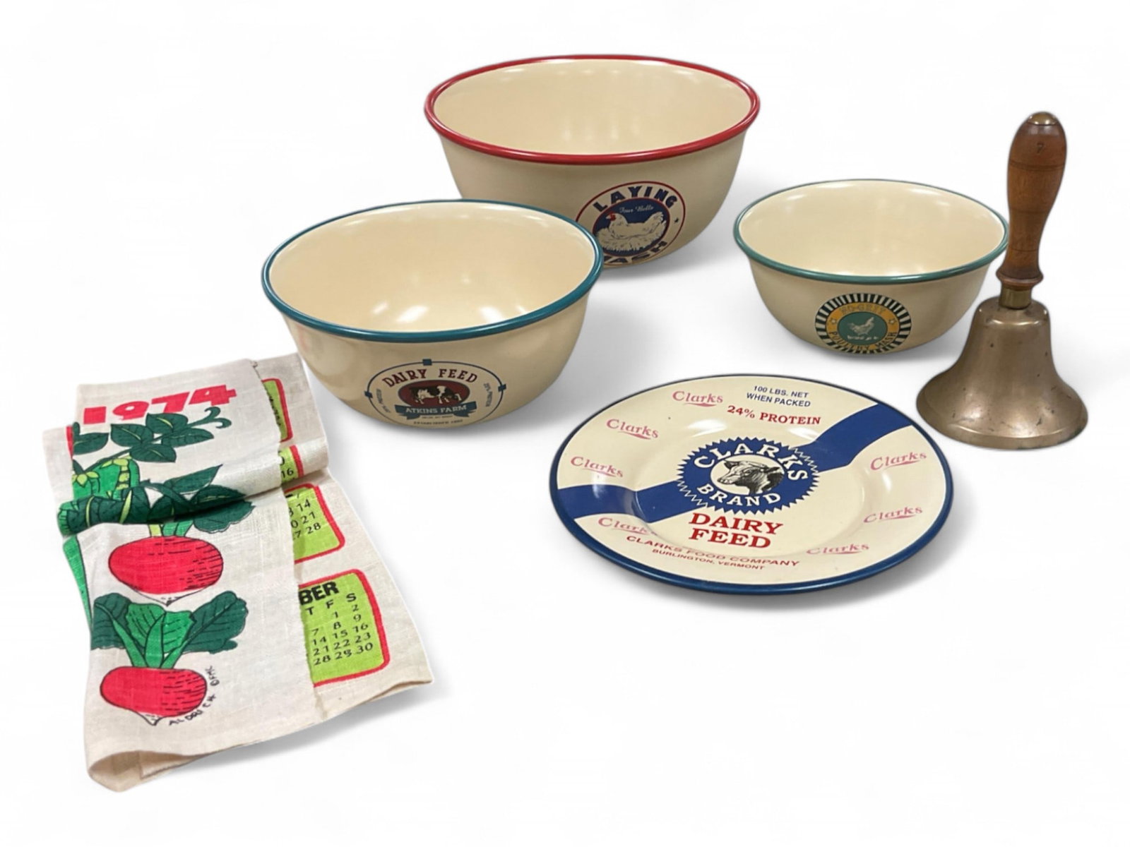 Clark's Dairy Feed,Made by Park Designs, School Bell: Clark's Dairy Feed,Made by Park Designs, School Bell 1974 cloth calendar, (4) pc of Park Design bowls and serving plate. 7" school bell