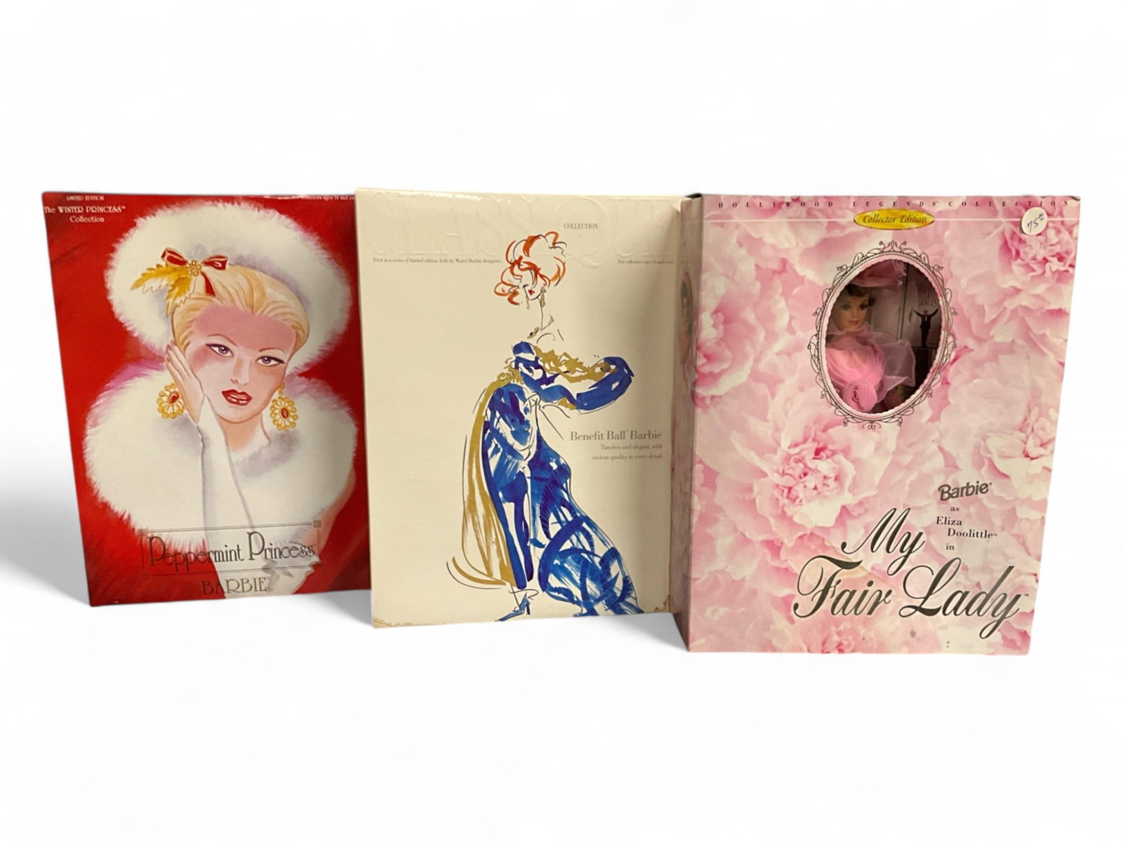 (3) Barbies: (3) Barbies Barbie as Eliza Doolittle Classique Benefit Ball Barbie 1521, Peppermint Princess 13598. Boxes show wear/light damage.